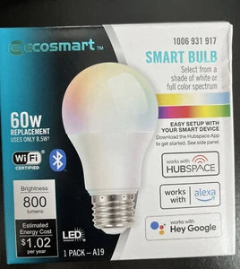 EcoSmart  60-Watt Smart Hubspace A19 Color Change CEC LED Light Bulb with Voice - Picture 1 of 4