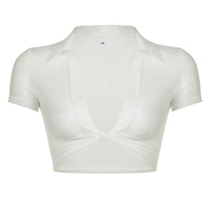 Womens See-Through Shirt Deep V-neck Blouse Short Sleeve Crop Top Slim Fit Tops - Bild 1 von 11