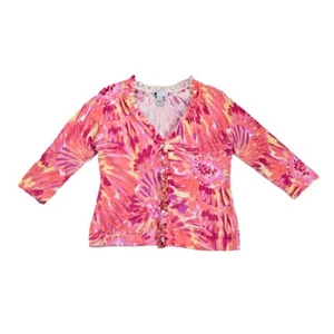Carole Little Women’s Cardigan L Pink Orange Floral Print Ruffle - Picture 1 of 6