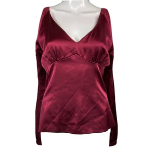 Cate Lyon Shirt Women Sz S Burgundy Silk V Neck Open Back Long Sleeve Zip Blouse - Picture 1 of 10