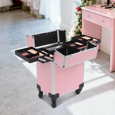 Estuche de tren de maquillaje rodante carro de cosméticos organizador maquillaje estuche de viaje rosa Foto 1 de 4