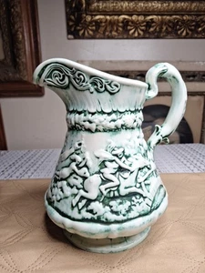 Vintage green Majolica-style ceramic pitcher with A Strange Witchy Scene  - Picture 1 of 17