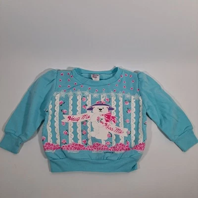 VTG 90s Retro Blue Pink Bear Hug Kiss Valentines Roses Sweater Top Girls 3T - Image 1 of 4