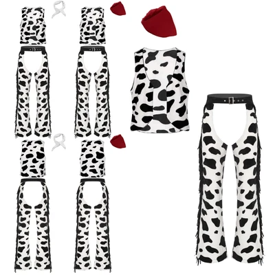 FEESHOW DE Herren Cowboy Kostüm Kuh Muster Weste + Flanell Hose Chaps Bandana Halloween