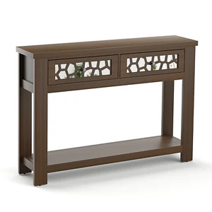 Wood Long Side Table with 2 Drawers 2-tier Console Table with Drawers Brown - Picture 1 of 7