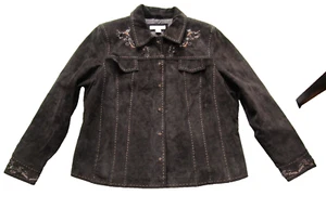 Coldwater Creek Jacket Brown Suede Embroidered Snap Front & Cuff Lined Size PXL - Picture 1 of 7