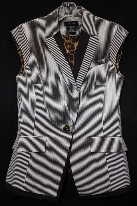 ECCOCI Brown & White Striped Blazer Vest Cotton Blend Womens Size 6-B42 - Image 1 of 4
