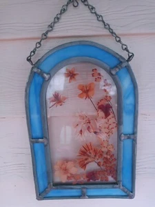 Vintage Blue Stained Glass With Pressed Flowers Sun Catcher - Picture 1 of 5