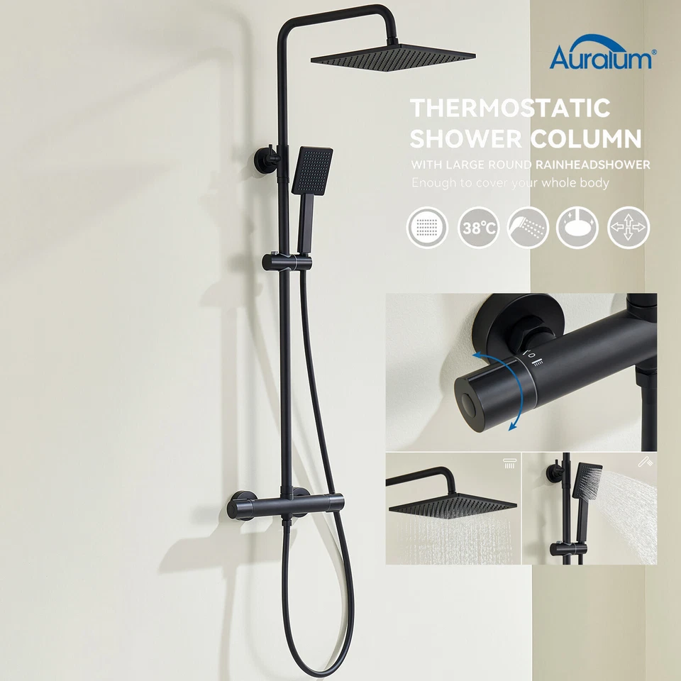 Regendusche Schwarz mit Thermostat Duscharmatur Handbrause Duschsystem Duschset  - Bild 1 von 4