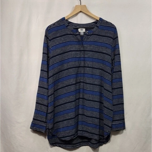 Old Navy Linen Striped Top Womens XL Gray Blue Boho Retro Peasant Casual Comfy - Image 1 of 4