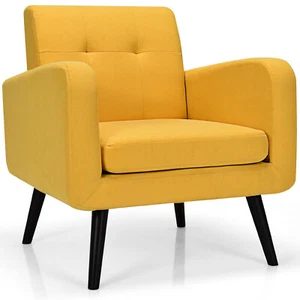 Costway Mid Century Accent Chair Fabric Arm Chair Single Sofa w/Rubber Wood Legs - Picture 1 of 12