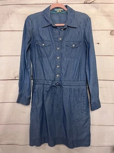 Boden Blue Chambray Denim Cotton Long Sleeve Drawstring Waist Dress Size 6 - Picture 1 of 6