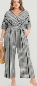 1X Bloomchic Geometric Contrast Dolman Sleeve Pocket Belt Jumpsuit Black 14-16 - Picture 1 of 11