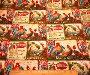 Quilt Fabric 1 5/8 Yard Vintage Rooster Chicken Egg Farm Labels Premium Cotton C - Picture 1 of 2