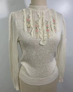 Vintage Sweater Victorian Revival Embroidery Lace Small - Picture 1 of 8
