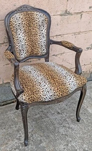 Vintage Antique Carved Solid Wood Wooden Cheetah Leopard Fabric Lounge Arm Chair - Picture 1 of 10