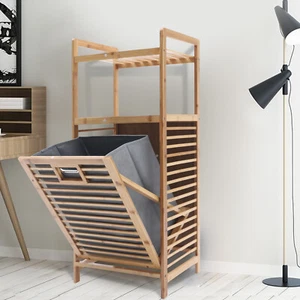Bamboo Bathroom Laundry Hamper Cabinet Tilt Out Basket Storage with 2-Tier Shelf - Picture 1 of 24