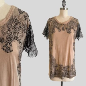 Valentino T-Shirt Couture Top Blush Nude Black Lace - Picture 1 of 7