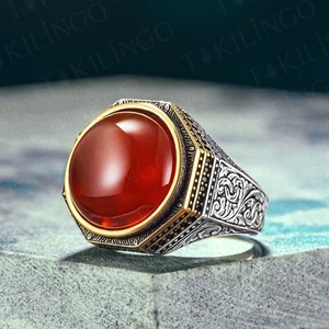 925K Stamped Sterling Silver Round Red Agate (Aqeeq) Ring Black Zircon Ring - Picture 1 of 4