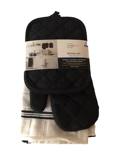 New Set of 5 Mainstays Kitchen Oven Mitt & Hand Towels Black-Free shipping - Picture 1 of 2