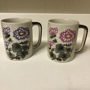 Vintage Set/2 Otagiri hand painted Floral Coffee mugs cups - Picture 1 of 6