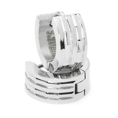 Mens Silver Plated Stainless Steel Hinged Snap Etched Huggie Hoop Earrings 031 S - Image 1 of 3