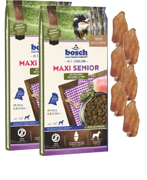 2x12.5kg Bosch Maxi Senior Poultry & Rice Dog Food + 6 x Rabbit Ears - Image 1 of 1