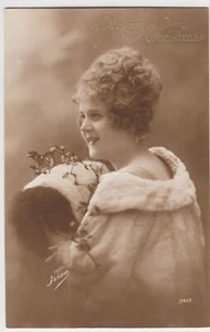 Greetings; A Happy Christmas, Pretty Woman With Muff 3417 PPC c 1905 - 1910 4 - Picture 1 of 2