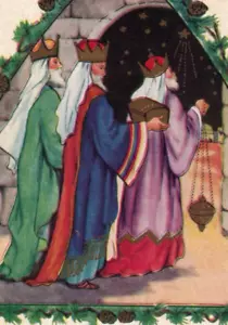 Whitney USA C.1910 Christmas Eve Priests Church Stars Gilt Embossed Vtg Postcard - Picture 1 of 3