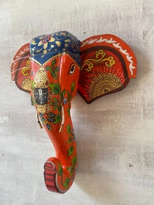 Hand painted wooden elephant mask divine shrinathji religious painting wall head - Image 1 of 4