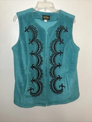 Chaqueta para mujer Bob Mackie mediana Art Wear verde/verde azulado polar chaleco bordado Foto 1 de 4