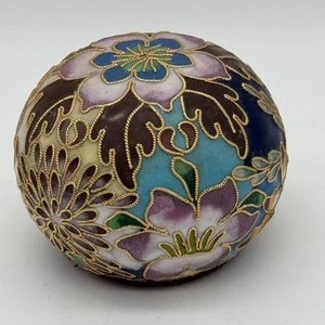 Cloisonné Round Chinese Enamel Vintage Paperweight Flower Design Decor - Picture 1 of 6