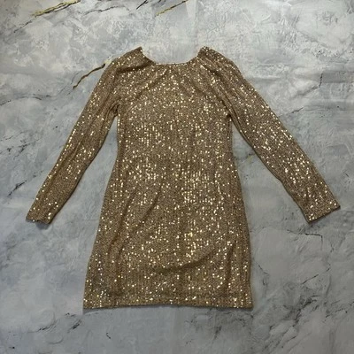 Vestido Wayf para mujer talla pequeña dorado champán lentejuelas sin espalda mini manga larga Foto 1 de 4
