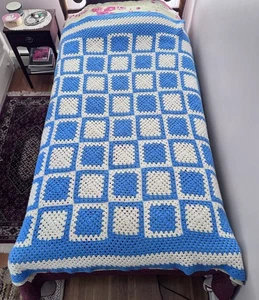 HANDCRAFTED CROCHET Granny Square Afghan Throw 72”x 63” Blue and White - Picture 1 of 9
