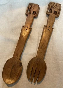 Vintage Hand Carved African Elephant Wooden Salad Serving Spoon Set - Picture 1 of 14