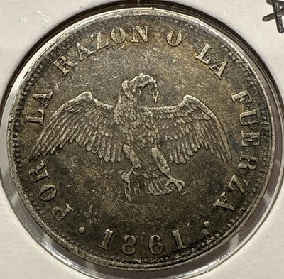 1861 20 Centavos Chile 20C Silver Coin Condor - XF Detail - Image 1 of 4