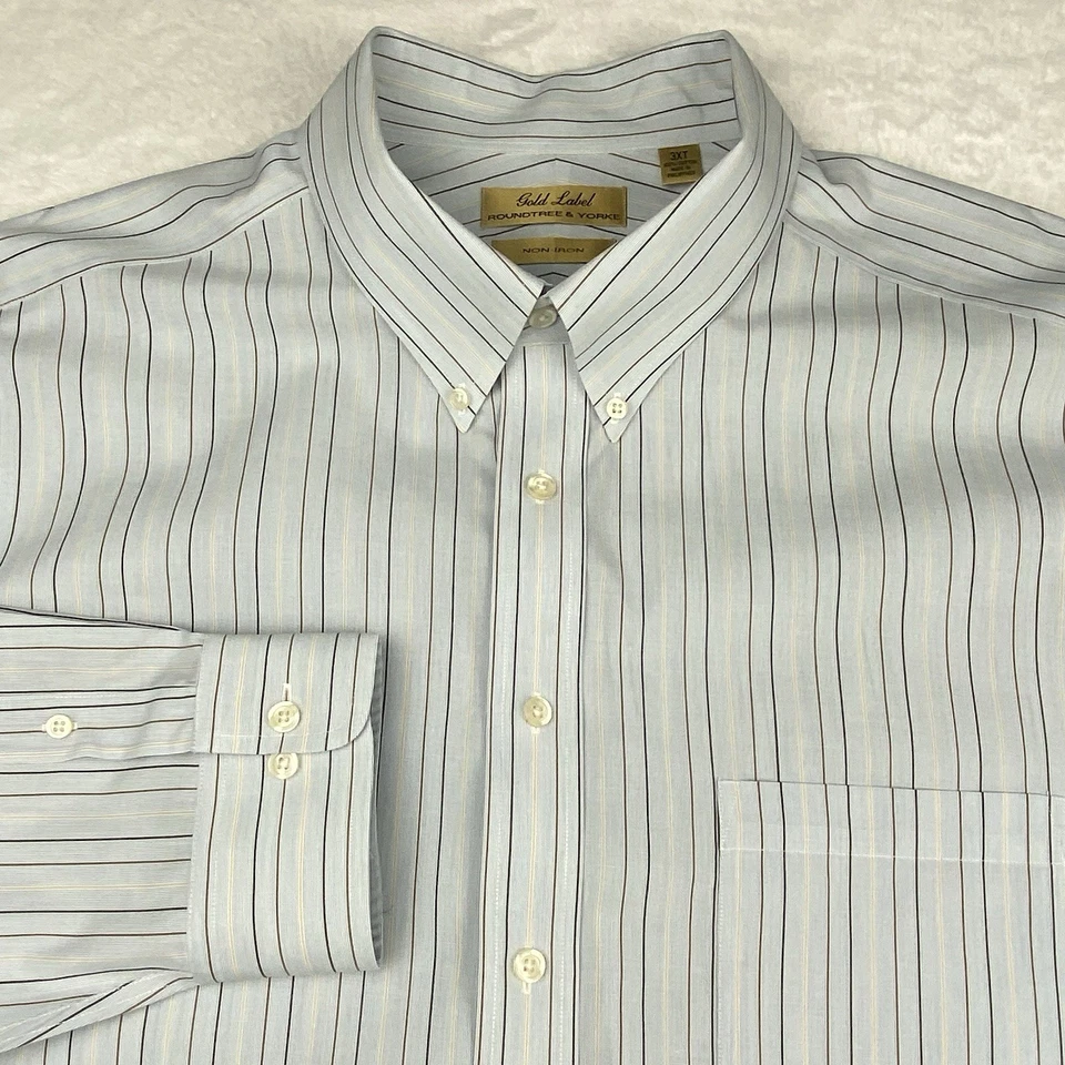Roundtree & Yorke Gold Label Dress Shirt Mens 3XT Blue w/Brown Stripes No Iron - Image 1 of 4