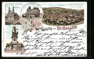 Lithographie St. Gallen, Unionbank, Stiftskirche, Monumentalbrunnen 1897 - Bild 1 von 2