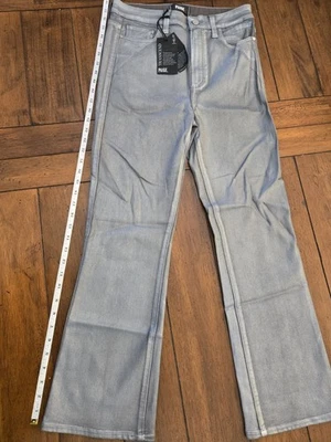 Pantalones PAIGE Mujer CLAUDINE Metálicos Plateados Brillantes Tobillo Acampanados Recubiertos Talla 28 Foto 1 de 4