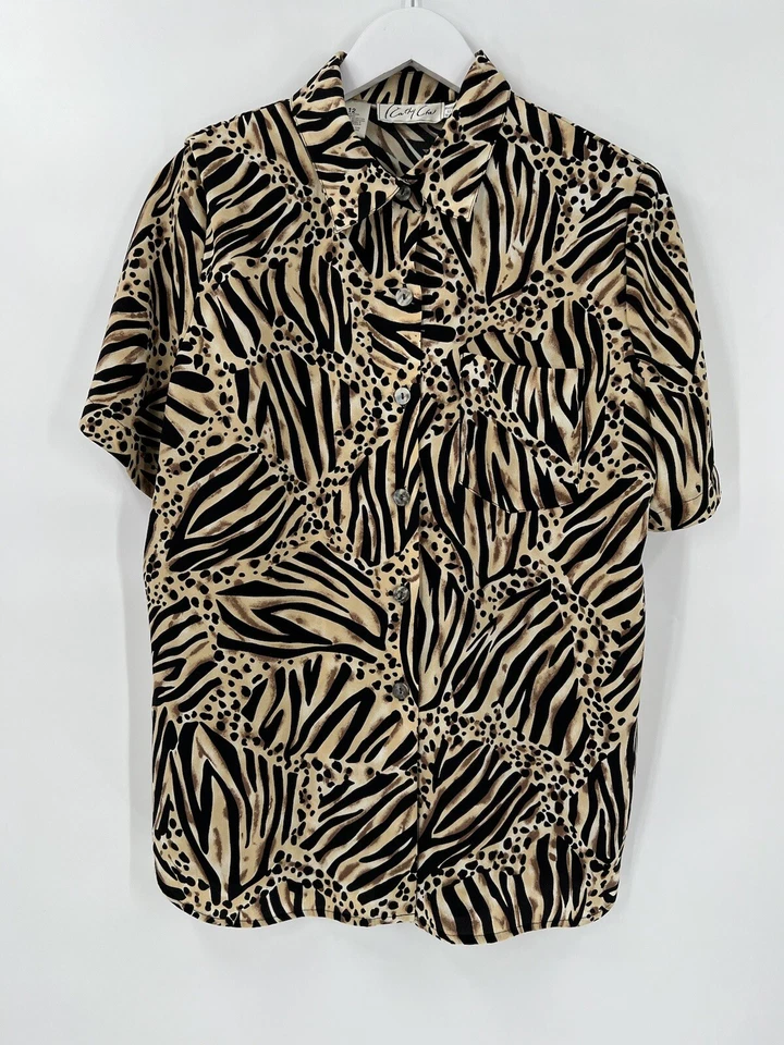 Vintage Kathy Che Blouse Womens 12 Large Black Beige Animal Print Zebra Button - Image 1 of 4