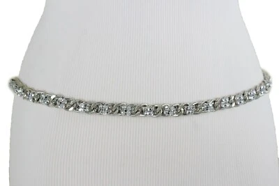 Donna Stretto Cintura Decorato Moda Metallo Argento Catena Rete Perline M L XL - Immagine 1 di 4