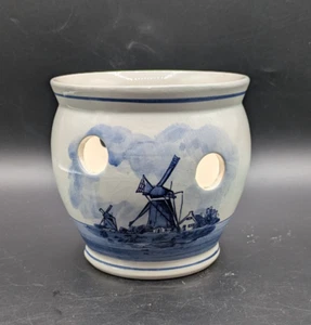 Delft Blauw Hand Painted Blue and White Crocus Orchid Pot Windmills Boats 5" - Picture 1 of 7