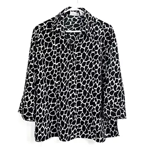 Women's Joanna Plus Black White Giraffe Print Collar 3/4 Casual Sleeve Size 1X - Picture 1 of 9