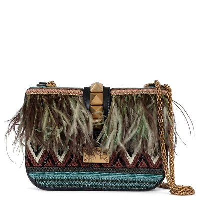 70914 auth VALENTINO  beaded raffia & feather 2016 GLAM LOCK MINI Shoulder Bag - Image 1 of 4