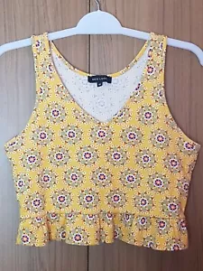 New Look Floral Yellow Sleeveless Crop Cotton Blend Top With Frills UK12 EU40 - Picture 1 of 12