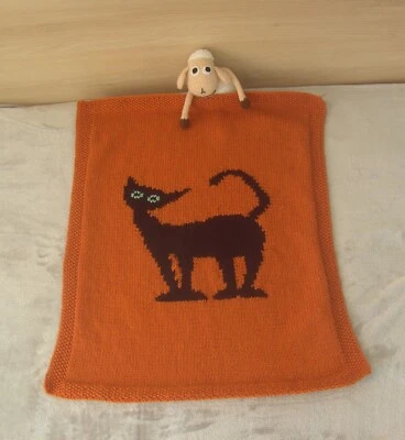 Manta bebé lana tejida a mano con gato naranja edredón Halloween con gato negro Foto 1 de 4