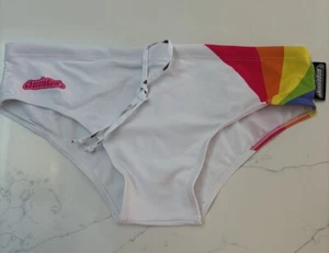 Men’s Aussiebum White Briefs Rainbow Pride Design Swimwear Gym Pool Trunks Large - Picture 1 of 6