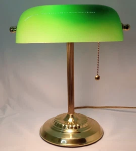 Vintage Bankers Desk Lamp Brass Green Glass Gold Pull Chain 14in Tall - Picture 1 of 9