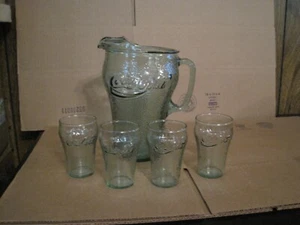 VINTAGE COCA-COLA GRÜN KIESEL GLAS 64 OZ. EISLIPPENKRUG & 4 KLEINE GLÄSER - Bild 1 von 12
