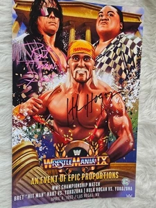 HULK HOGAN BRET THE HITMAN HART DUAL SIGNED AUTO 11X17 WRESTLEMANIA POSTER COA - Picture 1 of 8